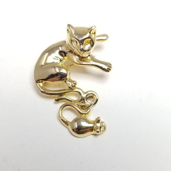 Vintage Cat and Mouse Shaped Brooch, Gold Tone, Rhinestone Eyes, Dangle Charm - Picture 1 of 5